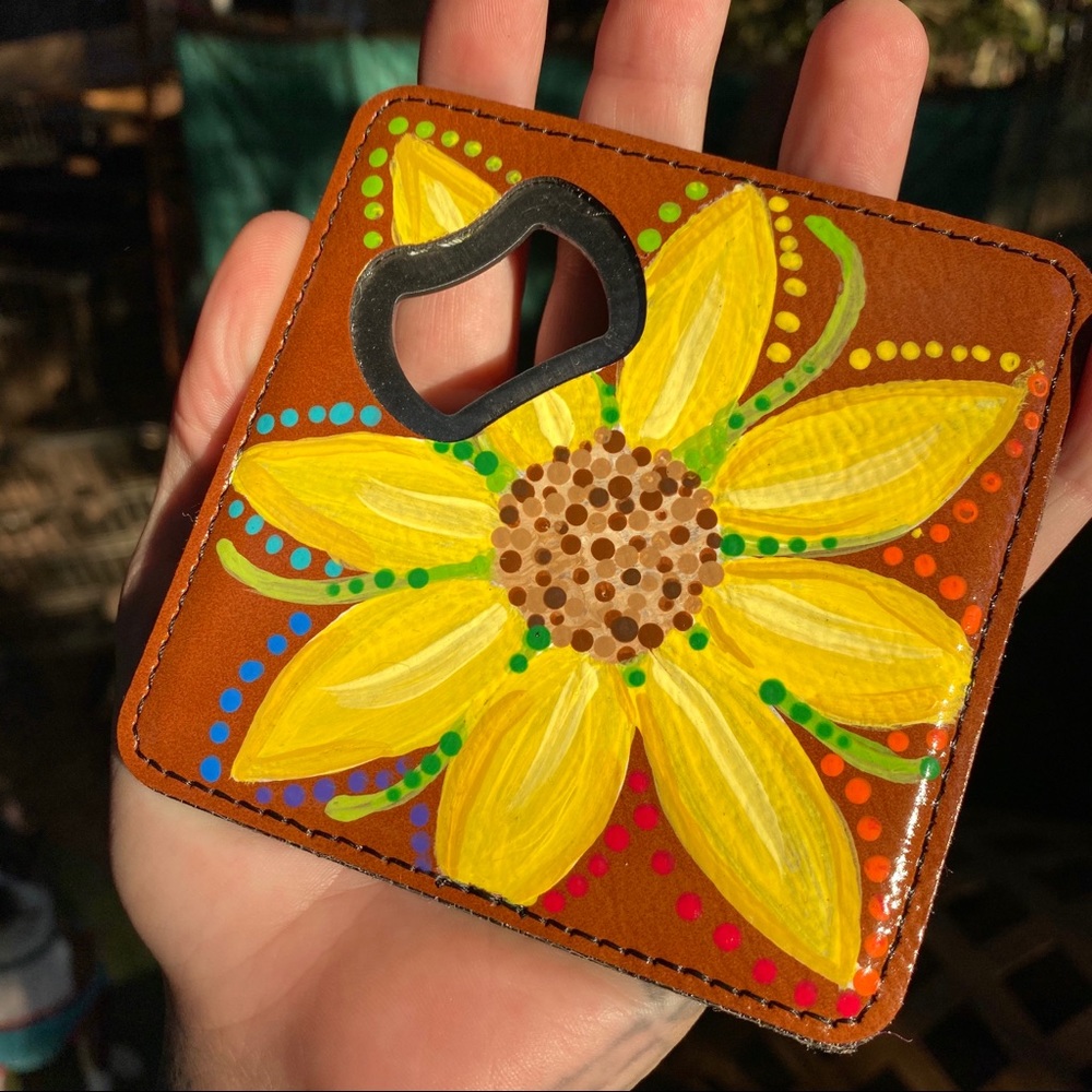 Painted leather coaster bottle opener